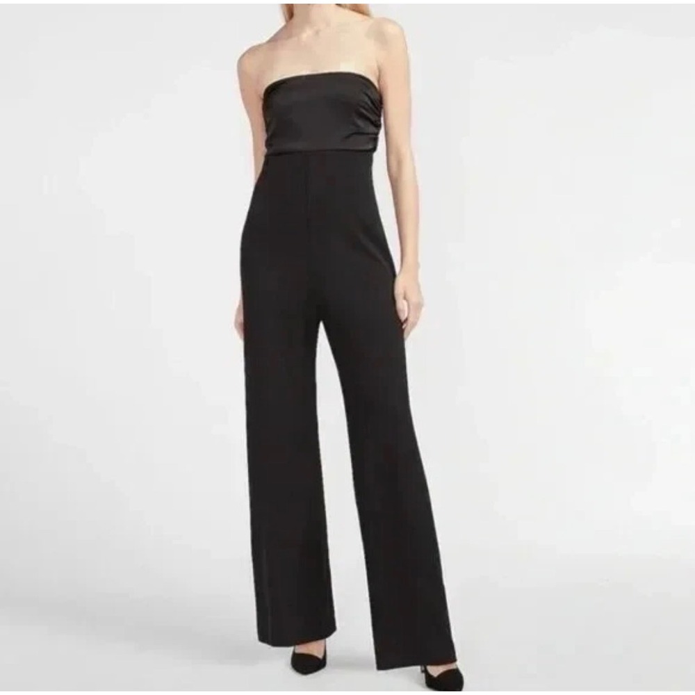 Express Black Satin Strapless Wide Leg Jumpsuit Size L NWT Pocketed Evening Wear